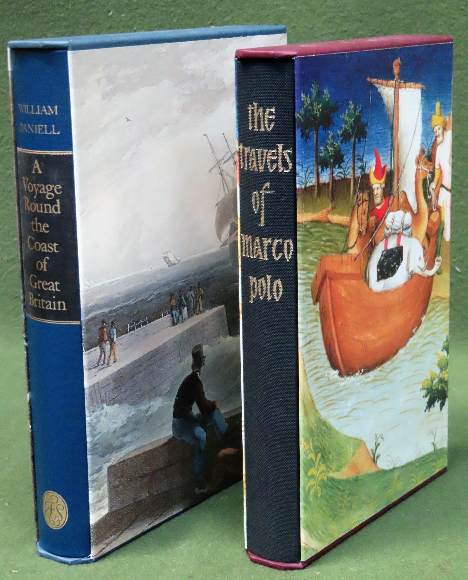 FOLIO SOCIETY TWO VOLUMES - THE TRAVLES OF MARCO POLO & A VOYAGE AROUND THE COAST OF GREAT BRITAIN