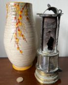 ART DECO VASE, APPROX 26.5cm HIGH, PLUS EARLY MINER'S LAMP