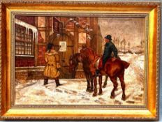 F HARRISON, OIL ON CANVAS, 'NO ROOM AT THE INN', SIGNED AND DATED LOWER LEFT, APPROX 33 x 49cm