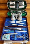 TWO PART SEWING SET, SILVER SUGAR TONGS AND ENAMELLED OPERA GLASSES, ETC.