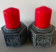 PAIR OF CERAMIC NORWICH CATHEDRAL CANDLES AND HOLDERS PLUS TWO PHOTOGRAPHS TO ACCORD