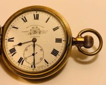 GOLD PLATED THOMAS RUSSELL & SON POCKET WATCH, STAMPED 1643315 IN WORKING ORDER, SMALL DENTS TO