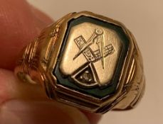 10ct GOLD MASONIC RING SET WITH ONE DIAMOND APPROX 0.2ct, SIZE U, TOTAL WEIGHT APPROX 5.25g