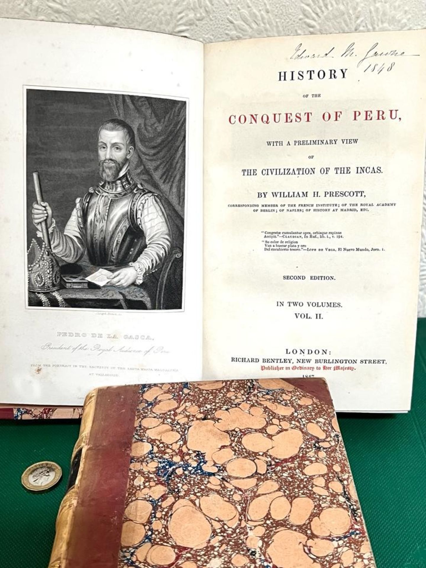 PRESCOTT, WILLIAM, CONQUEST OF PERU, 1847, TWO VOLUMES, QUARTER LEATHER AND MARBLED BOARDS - Image 3 of 3