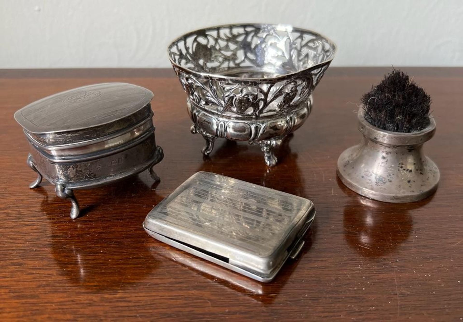 SMALL SILVER PIERCED BOWL, SILVER RING BOX, SILVER MATCHBOX HOLDER AND SILVER NIB BRUSH