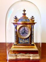 GOOD FRENCH QUALITY GILDED MANTLE CLOCK UPON SHAPED PLINTH WITH ACCOMPANYING GLASS DOME, LOW