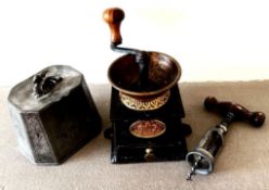 COFFEE GRINDER, TEAPOY AND BOTTLE OPENER