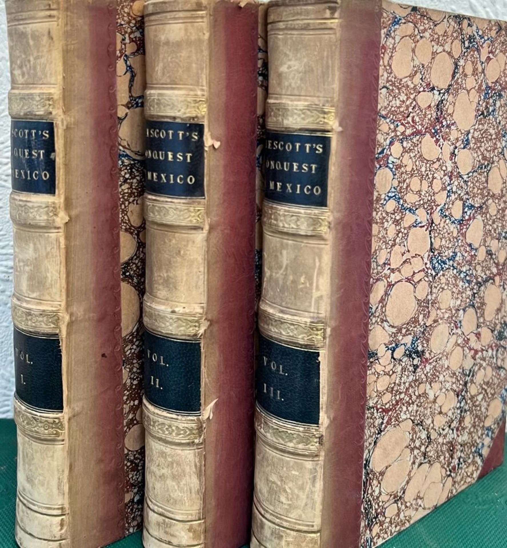 PRESCOTT, WILLIAM, CONQUEST OF MEXICO, 1844, THREE VOLUMES, QUARTER LEATHER WITH MARBLED BOARDS