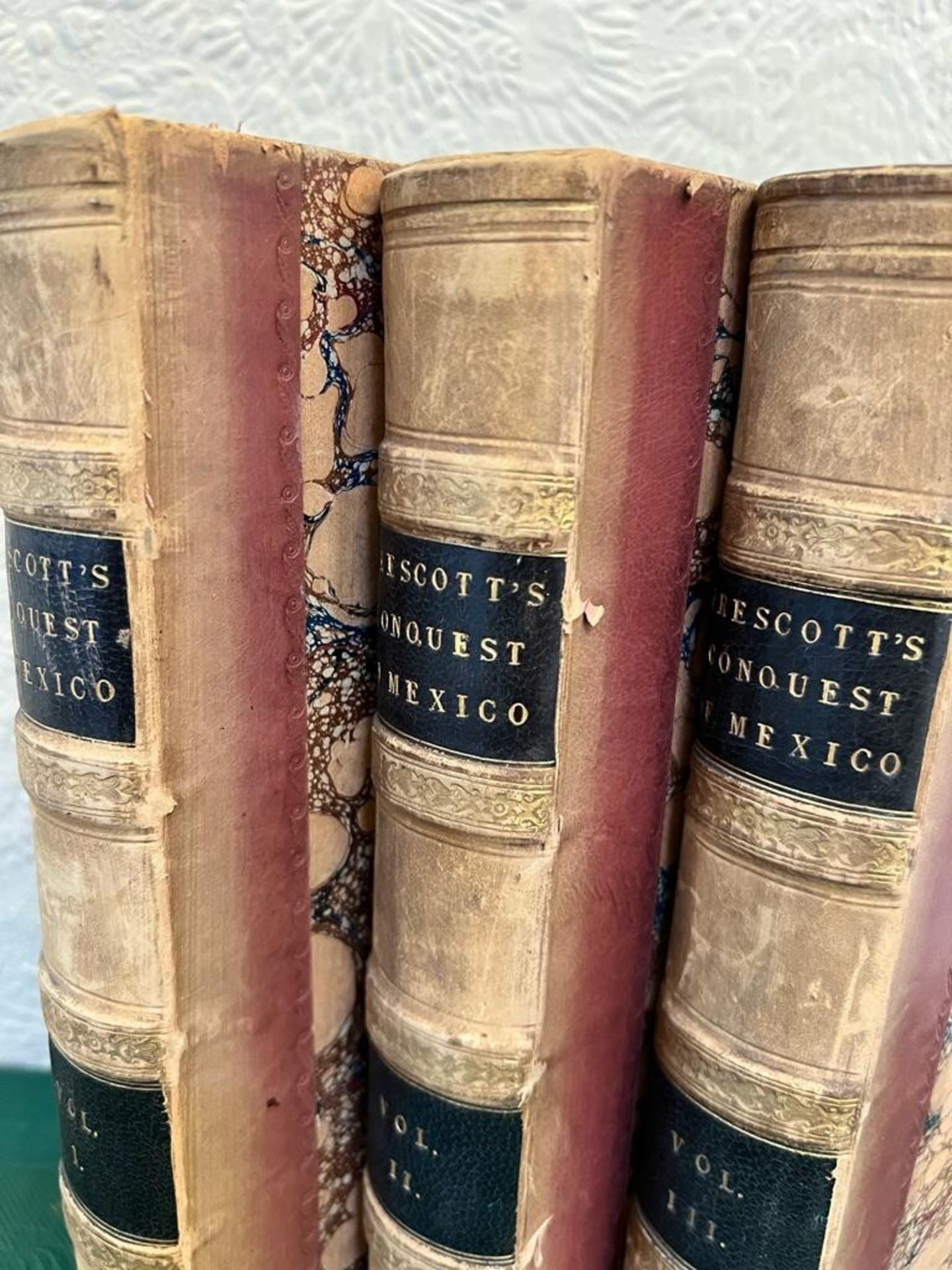 PRESCOTT, WILLIAM, CONQUEST OF MEXICO, 1844, THREE VOLUMES, QUARTER LEATHER WITH MARBLED BOARDS - Image 2 of 6