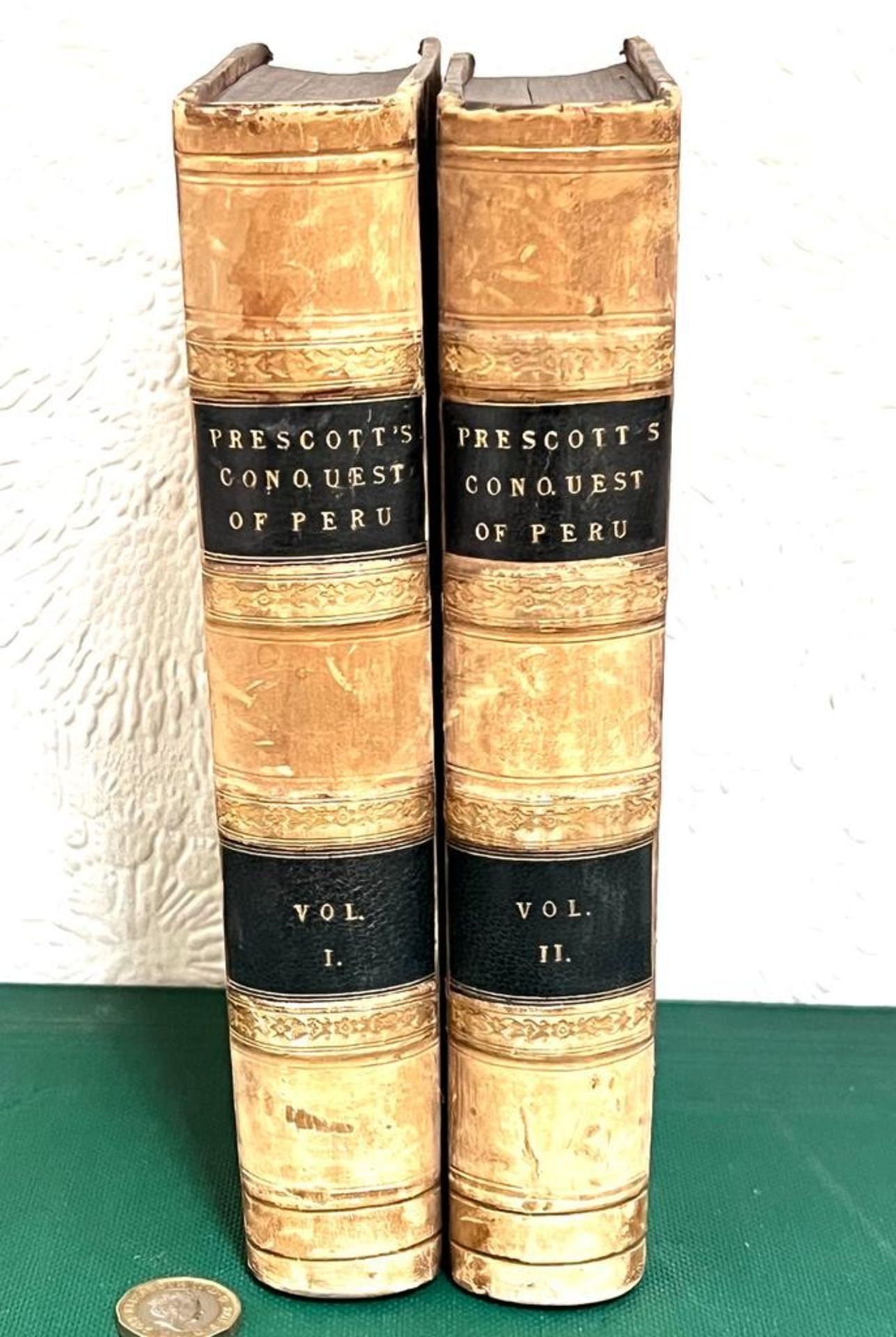 PRESCOTT, WILLIAM, CONQUEST OF PERU, 1847, TWO VOLUMES, QUARTER LEATHER AND MARBLED BOARDS