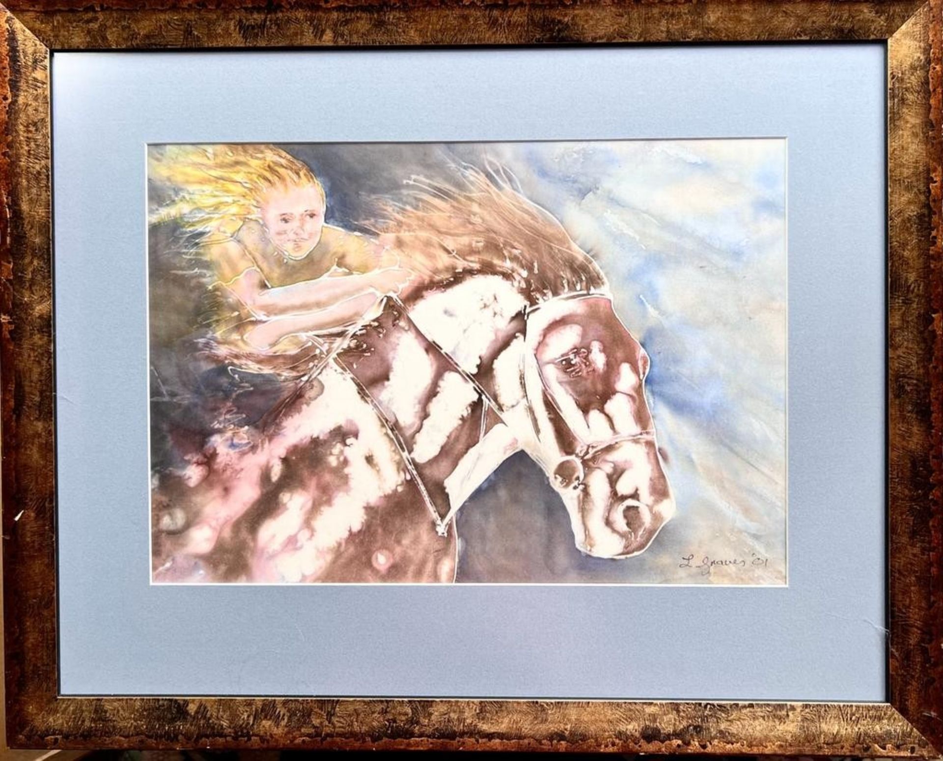 LINDA GRAVES, 'RIDE FREE', PAINTED ON TWILL SILK, COPPERY COLOURED FRAME, GLAZED, APPROX 33.5 x 48cm