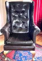 VINTAGE BROWN LEATHER BUTTON BACK LEATHER ARMCHAIR