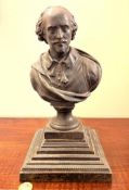 BRONZE BUST OF WILLIAM SHAKESPEARE UPON STEPPED BASE, APPROX 32cm HIGH