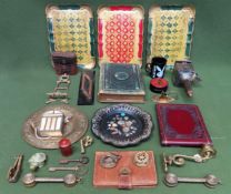 Sundry lot Inc. Victorian photo album, brass items, trays, carriage lamp, papier mache dish,