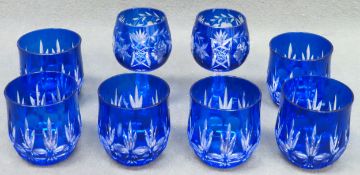 Set of 6 blue overlaid glass tumblers, plus two stemmed similar glasses reasonable used condition