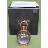 Luminor Panerai Radiomir eight brass and glass globular day desk clock, boxed, Approx. 13 cms used