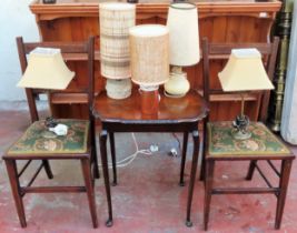 Pair of inlaid bedroom chairs, walnut table, plus various table lamps all used and unchecked