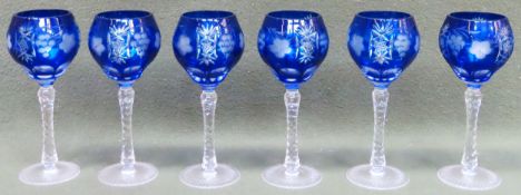 Set of 6 etched and blue glass stemmed hock glasses. Approx. 20.5cms reasonable used condition