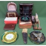 Sundry lot Inc. marble plaque, Pifco massager, trays, display case, clock, papier mache basket,