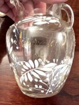 ONE BACCARAT GLASS DECANTER PLUS TWO OTHERS, SWEET JAR, PERFUME BOTTLE AND DECORATIVE GLASS JUG