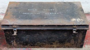 Vintage metal ' Gold Coast Geological Survey' storage tin .Approx. 33 x 78 x 41cms used and worn