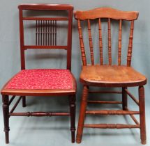 Inlaid mahogany low bedroom chair, plus country style spindle back chair reasonable used condition