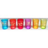 Set of 6 pretty gilded and coloured glass tumblers. Approx. 8cms H reasonable used condition