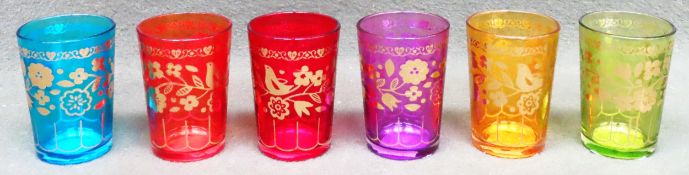 Set of 6 pretty gilded and coloured glass tumblers. Approx. 8cms H reasonable used condition