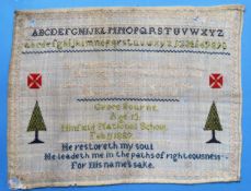 Unframed 1889 sampler. Approx. 27 x 36cms used with fraying in places etc