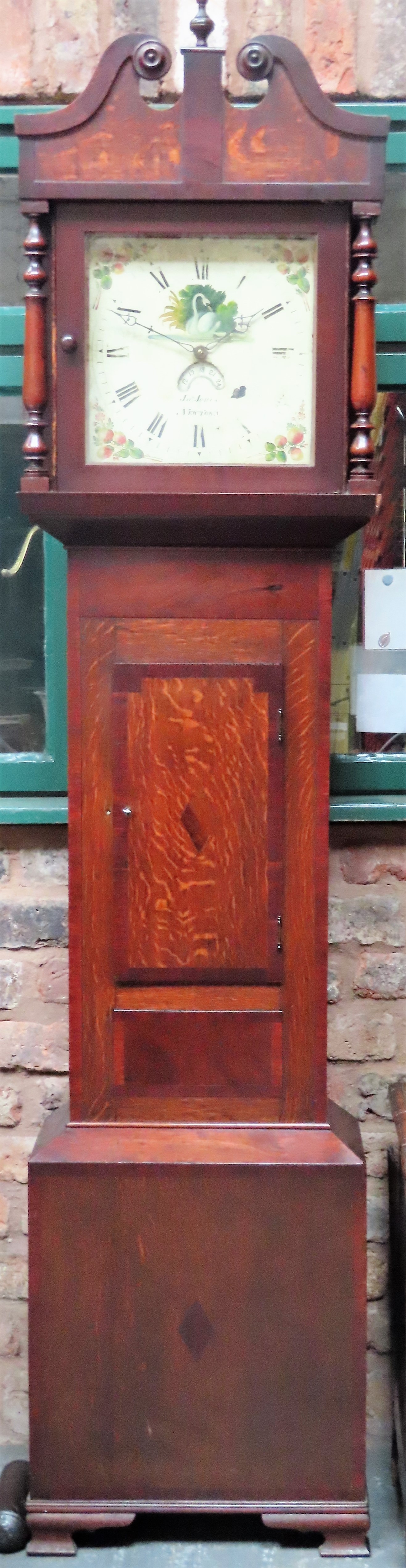 Oak & Mahogany cased longcase clock with hand painted and enamelled dial, by John Jones, Newtown.