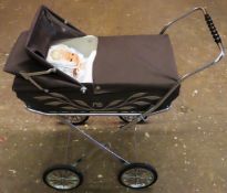 Vintage child's Mothercare toy pram with modern doll reasonable used condition