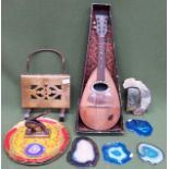 Sundry lot Inc. bowl back mandolin, semi precious stone cuttings, trays, trivet, used condition