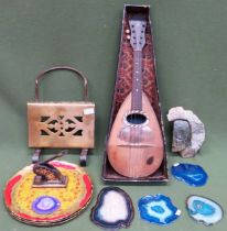 Sundry lot Inc. bowl back mandolin, semi precious stone cuttings, trays, trivet, used condition