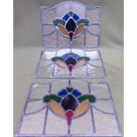 Set of three Scottish style vintage leaded and stained glass windows. Approx. 38 x 49cms one has