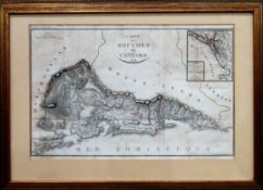 Framed copper engraving decpicting The Bay of Kotor, dated 1808. Approx. 30 x 56cms used with