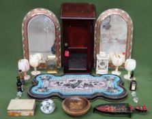 Sundry lot Inc. pair tri-coloured wall mirrors, mahogany letter box, ebonised beadwork tray,