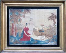 Victorian gilt framed embroidery on silk, depicting a religious scene. Approx. 39 x 51cms used
