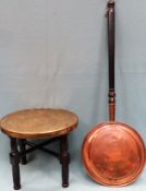Vintage brass topped small Cairo table, plus copper bed warming pan both used condition