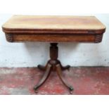 19th century mahogany fold over tea table on quadrafoil supports. Approx. 74.5 x 92 x 90cms used