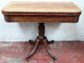 19th century mahogany fold over tea table on quadrafoil supports. Approx. 74.5 x 92 x 90cms used