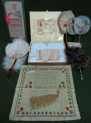 Quantity of linens, WW1 silk handkerchief, Oriental hand fans, etc all used condition