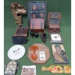 Sundry lot Inc. inlaid marble plaque, copper plaque, gilded sconce, brass satchel bag, Victorian