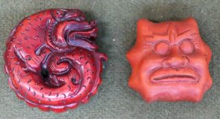 Two hand carved Oriental treen Netsukes, one signed both used