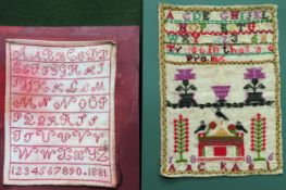 Two unframed 19th century samplers dated 1881 and 1886 both used. evidence of discoloration