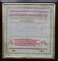 Large oak framed 1870 sampler. Approx. 61 x 58cms used condition with discolouration. framed needs