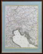Framed map depicitng the regions surrounding the Adriatic Sea. Approx. 56 x 43cms reasonable used