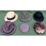 Various vintage hats Inc. Straw, Bowler, Kurd etc all appear reasonable used condition