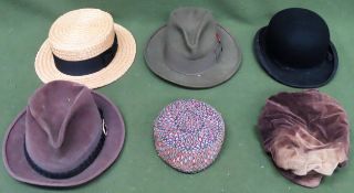 Various vintage hats Inc. Straw, Bowler, Kurd etc all appear reasonable used condition
