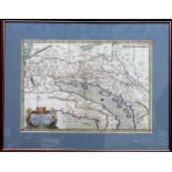 Framed hand coloured map depicting regions of Europe Including Italy. 32.5 x 46cms reasonable used