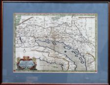 Framed hand coloured map depicting regions of Europe Including Italy. 32.5 x 46cms reasonable used
